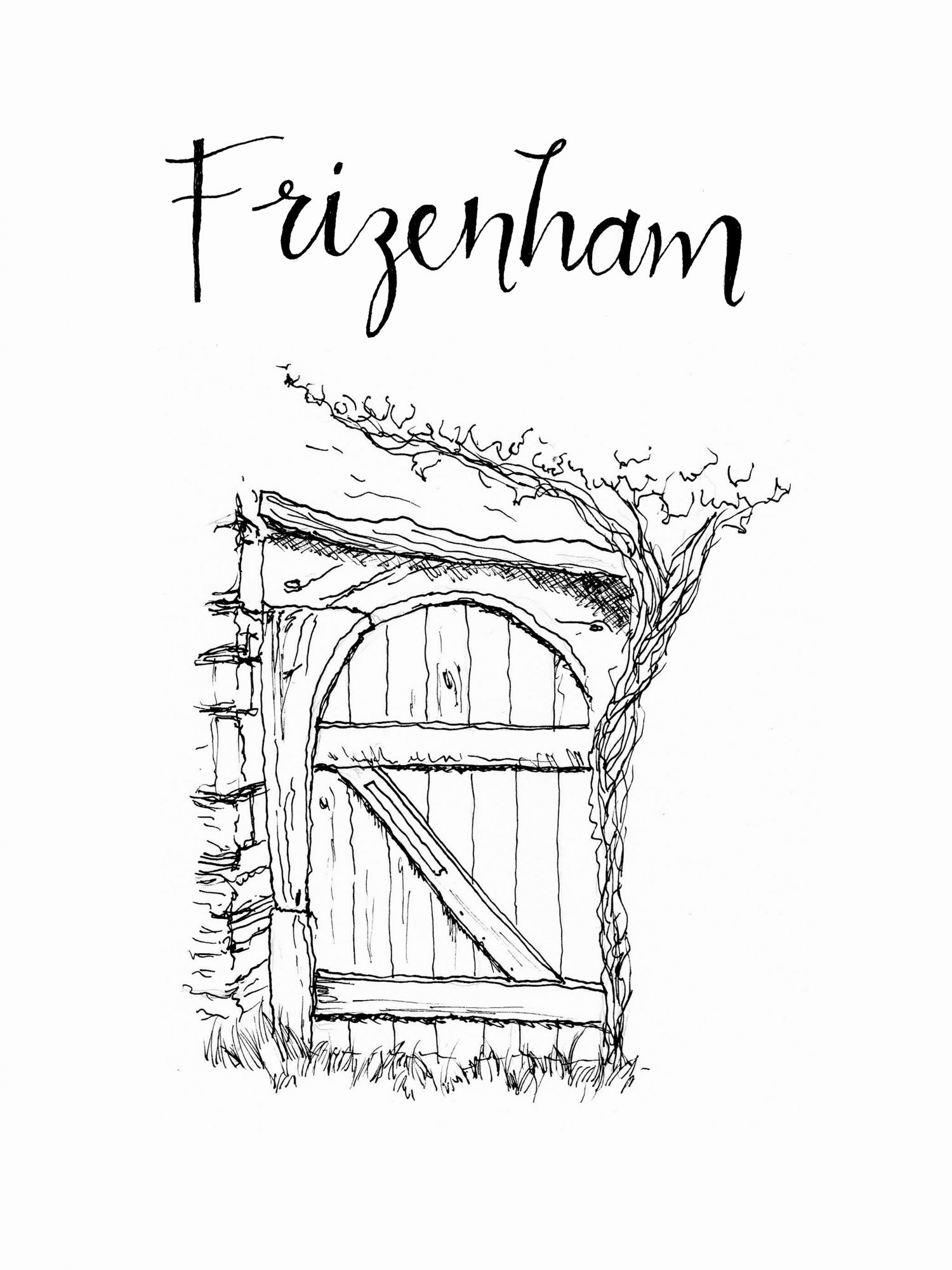 Sketch of a garden doorway at Frizenham Farmhouse.